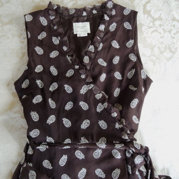 Kate Spade Brown Pineapple Embroidered 100% Silk Wrap Dress 10 - Picture 3 of 13